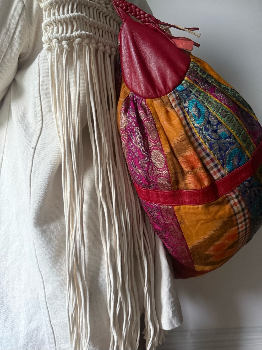 Indian Silk Patchwork Oxblood Leather XL Sling Yoga Duffle Bag
